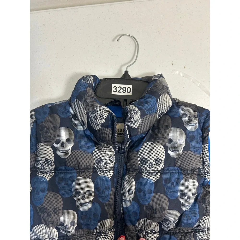 Old Navy Boys Medium 8 Skull Print Puffer Vest Blue Fleece Lined Zip Up‎ 3290
